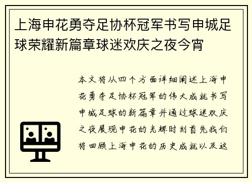上海申花勇夺足协杯冠军书写申城足球荣耀新篇章球迷欢庆之夜今宵